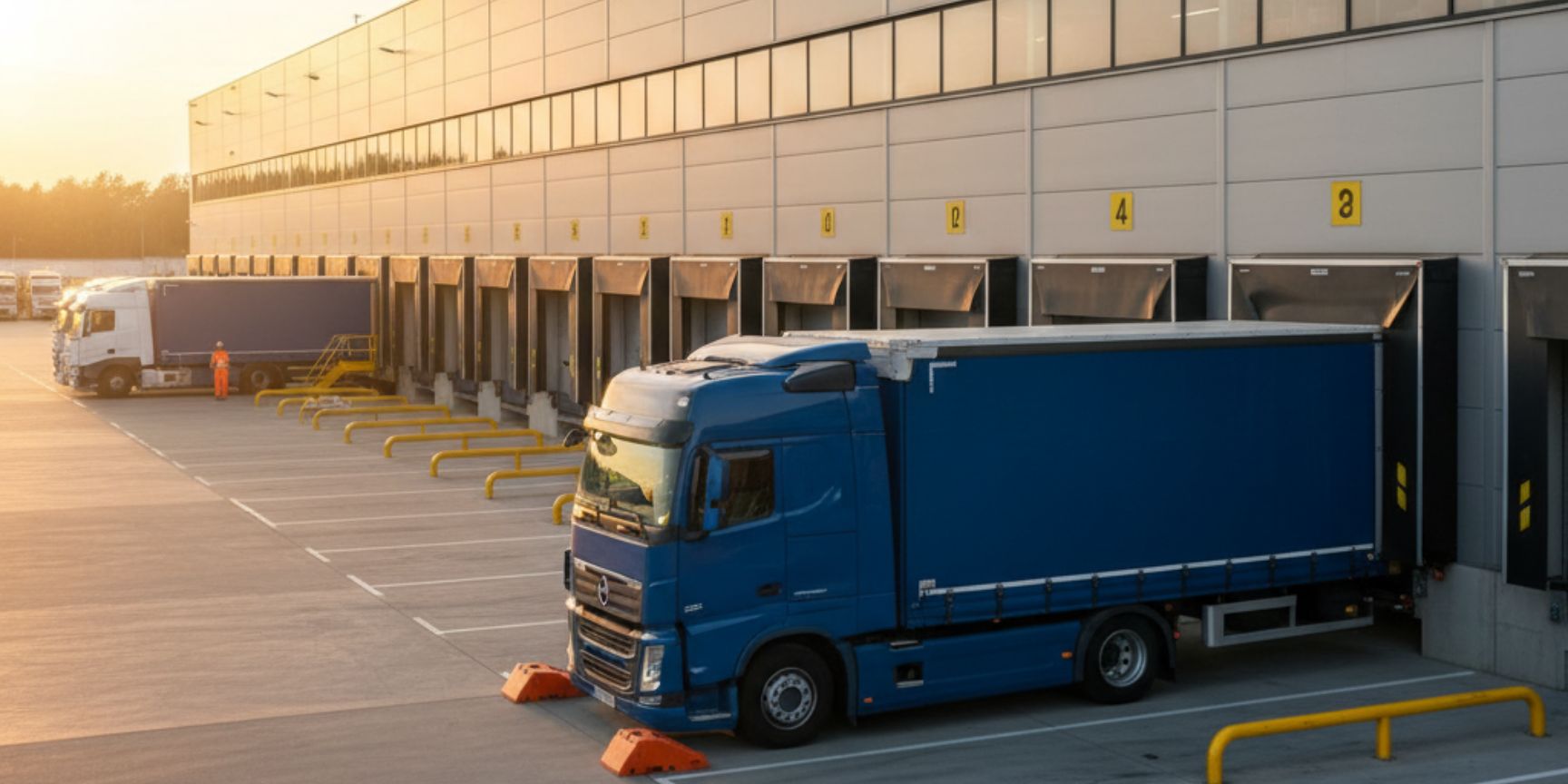 Blauer Sattelzug dockt an ein Ladetor einer modernen grauen Logistikhalle bei Sonnenuntergang an. Mehrere leere Laderampen sind sichtbar